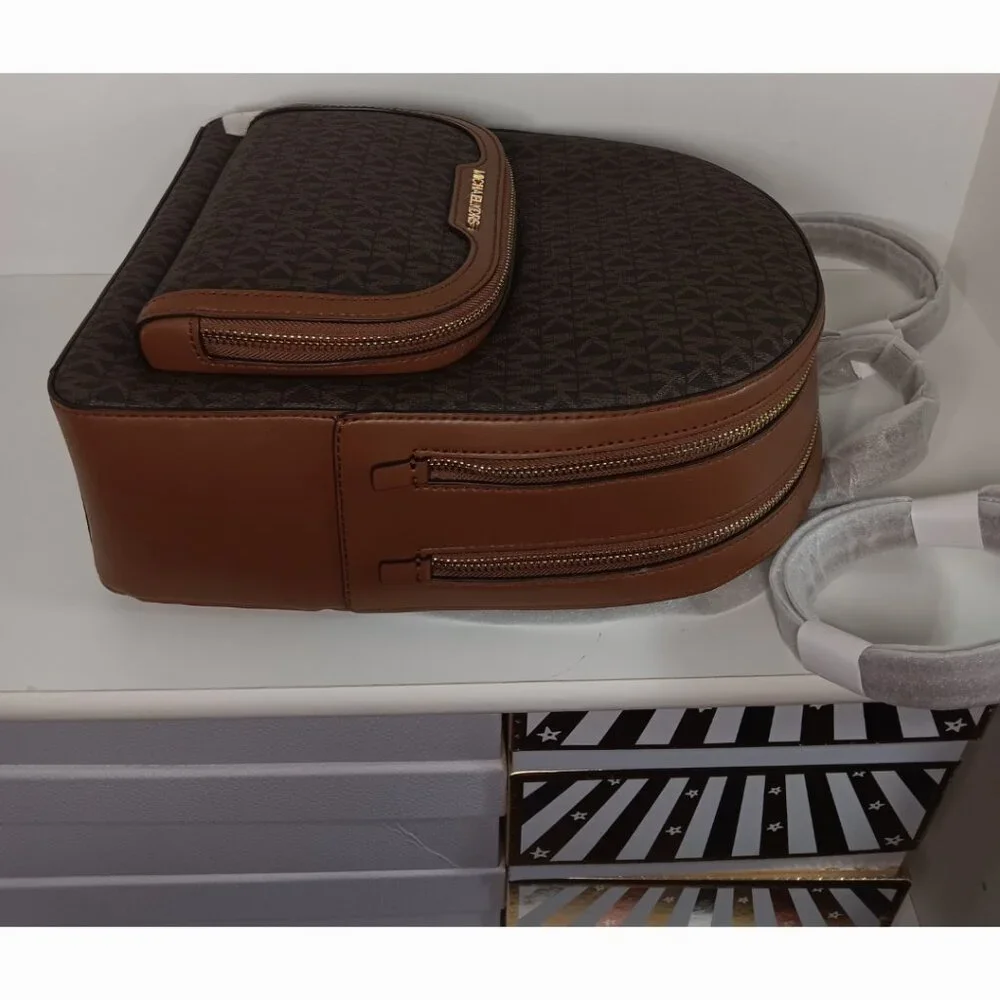 Michael Kors Brown Logo Dome Backpack with Tan Trim - Picture 9 of 14